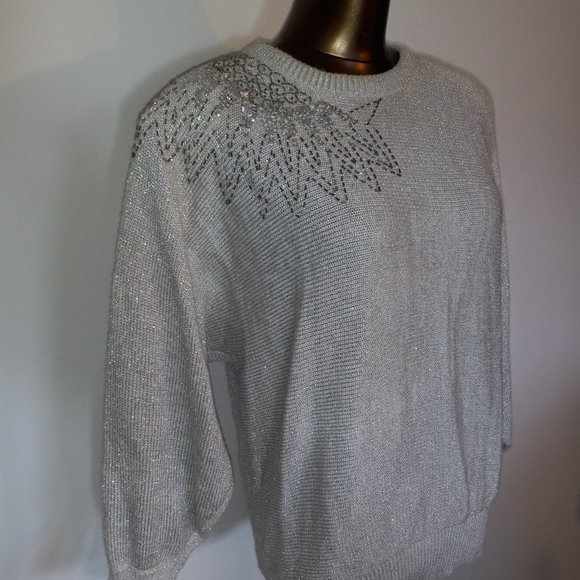 crew-neck silver metalic thread acrylic sweater sequin and beaded vintage 1980s - Picture 14 of 16
